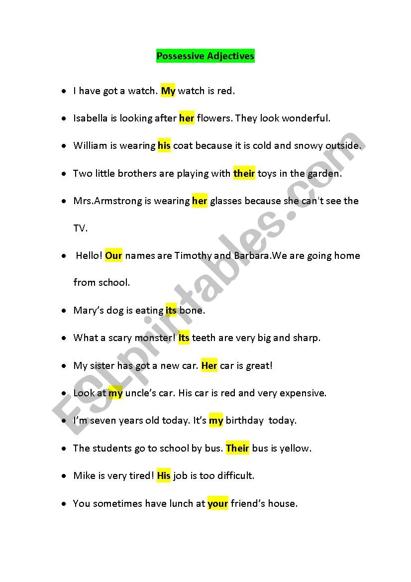 possessive adjectives worksheet