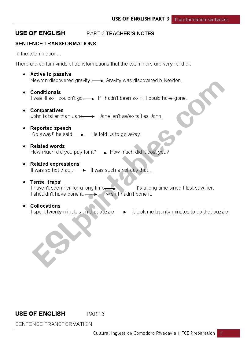 Key Word Transformation Sentences - TeacherÂ´s notes
