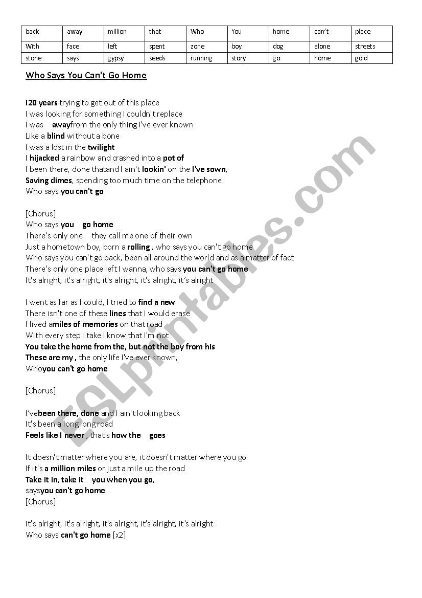 Bon Jovi - Who Says You Cant Go Home - Lyrics Gap Fill