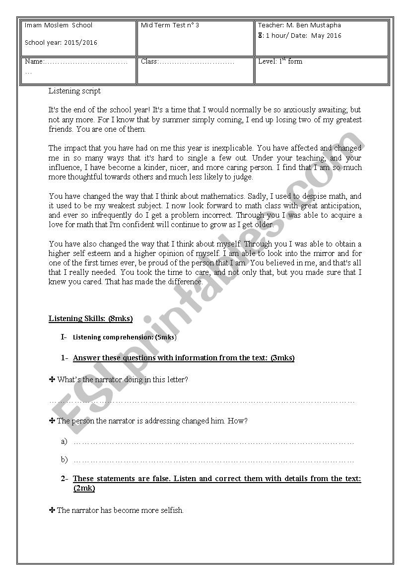 exam 1st year learners worksheet