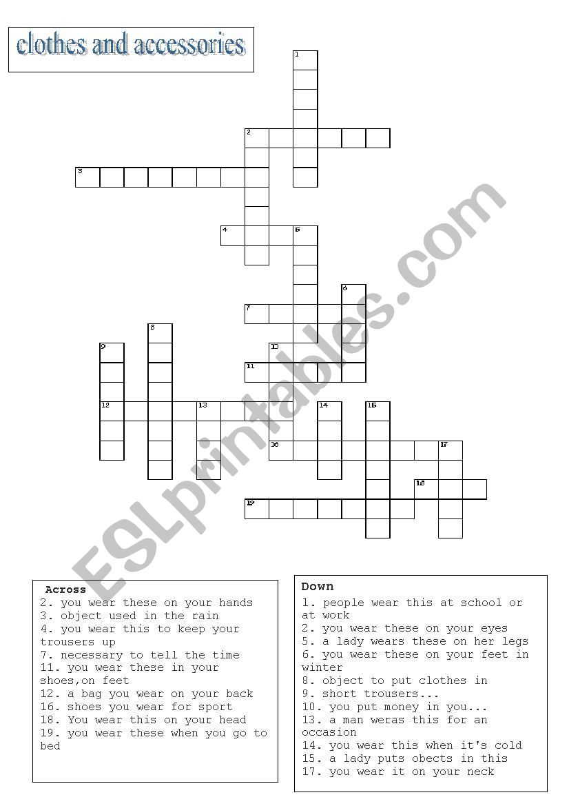  clothes crossword worksheet