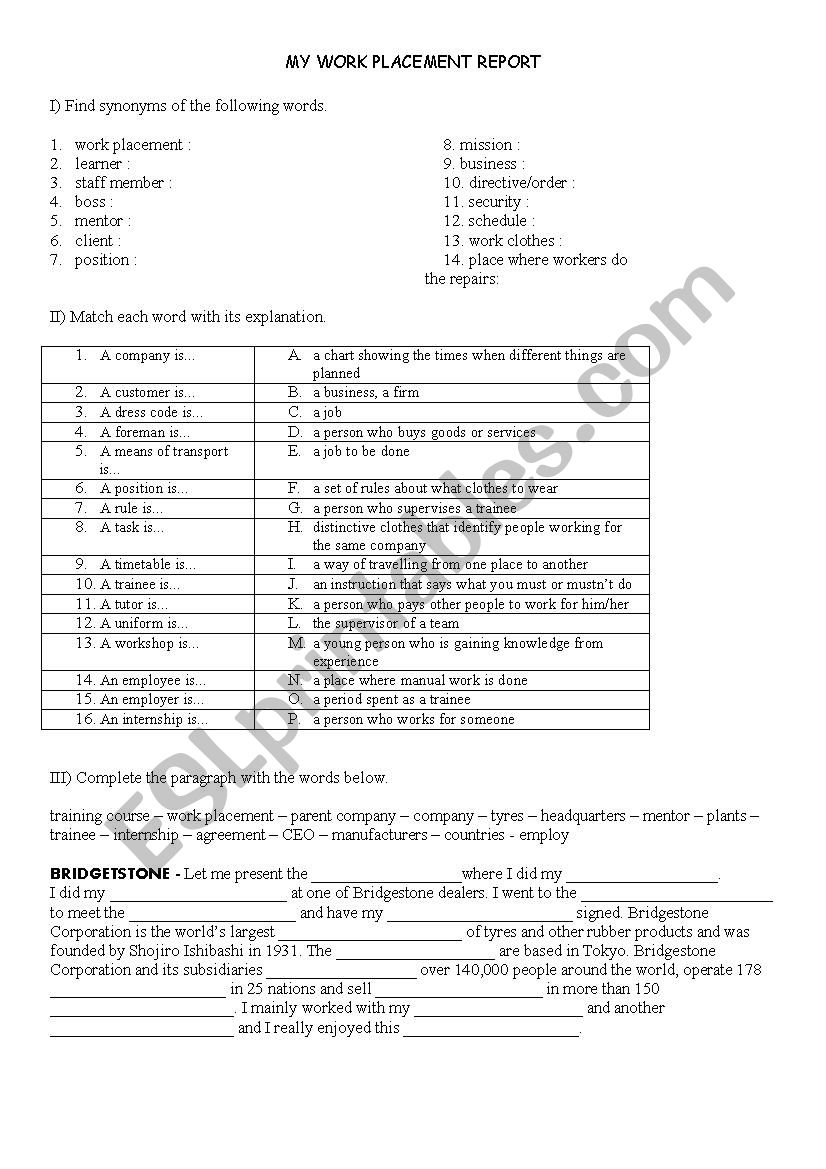My work placement report worksheet