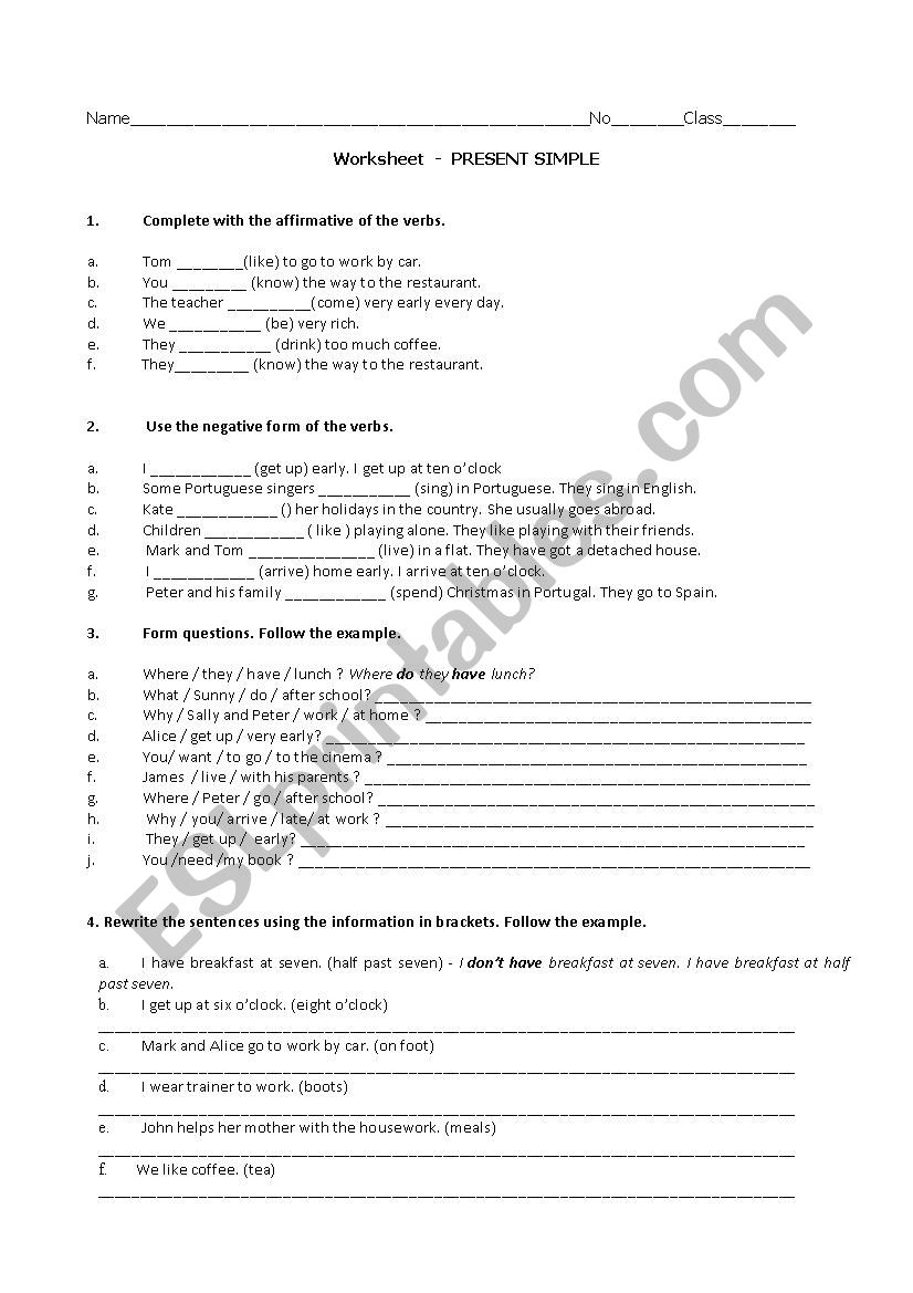 present simple worksheet