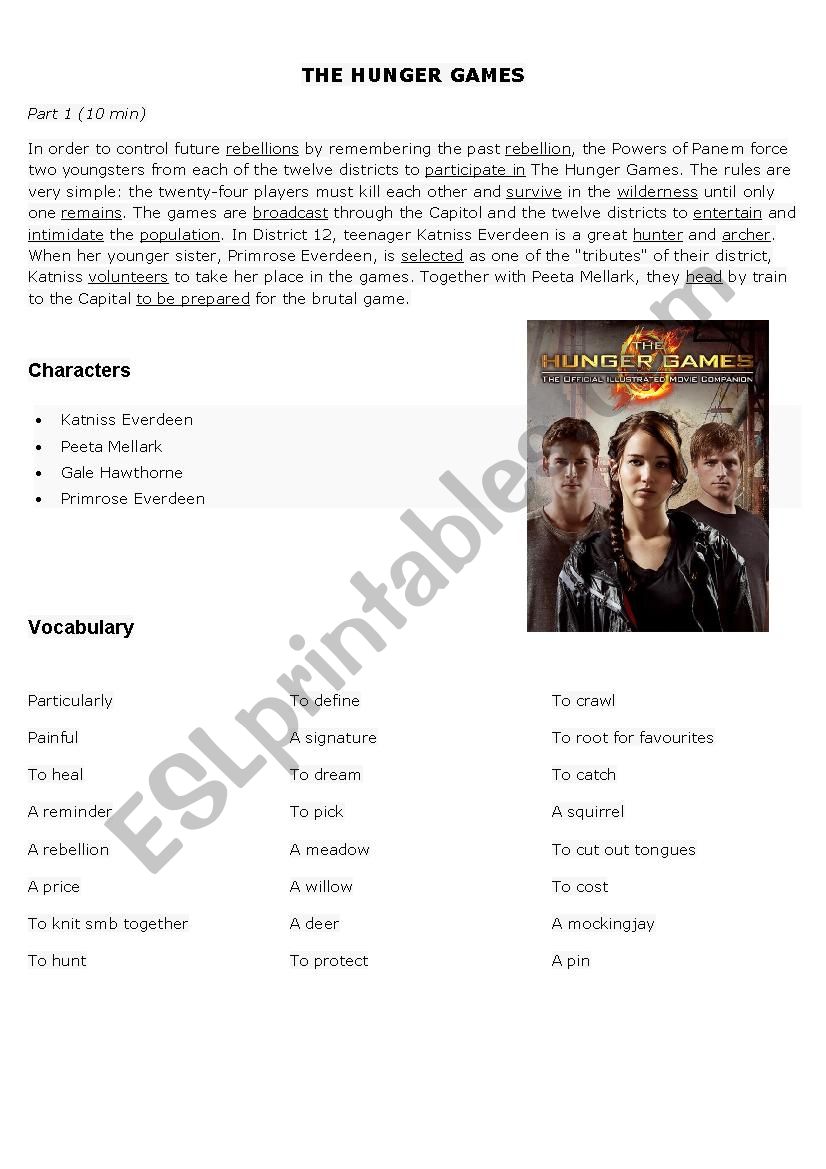 The Hunger Games Part 1 worksheet