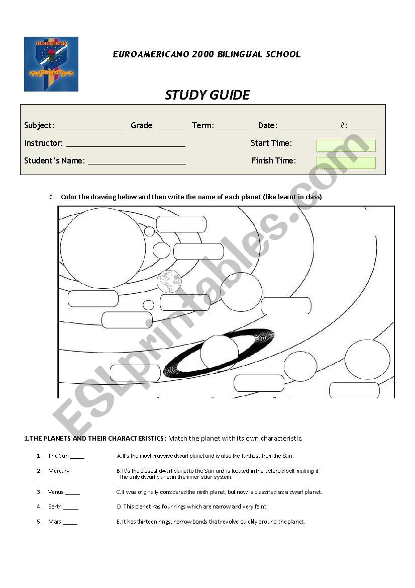 Planets worksheet