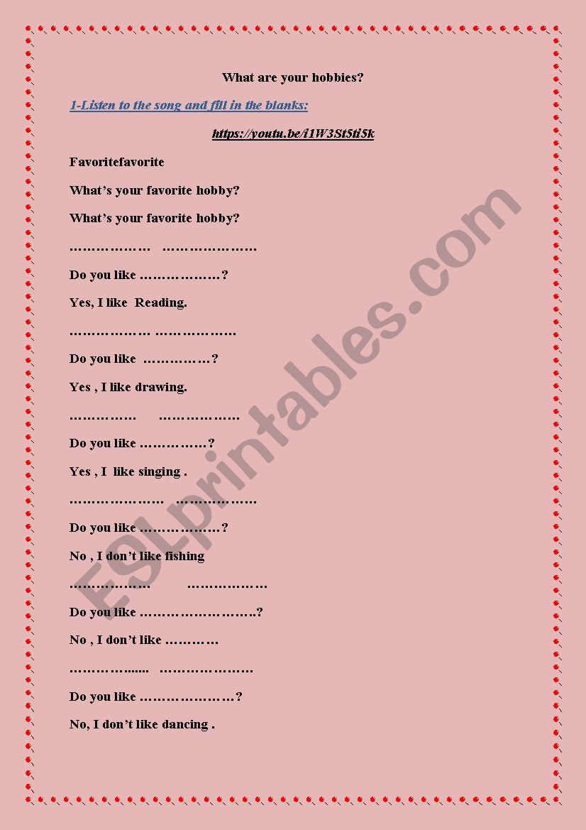 what are your hobbies ? worksheet