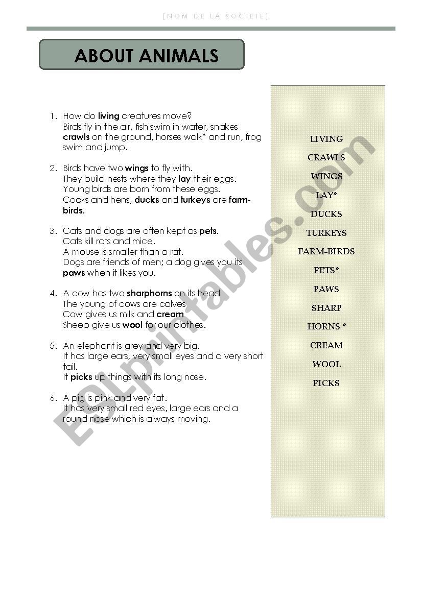 ABOUT ANIMALS  worksheet