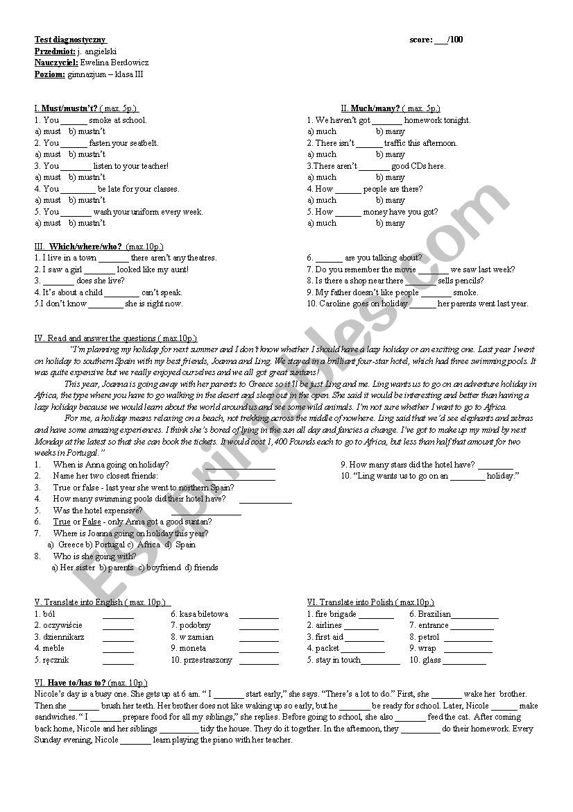Must and mustnt worksheet