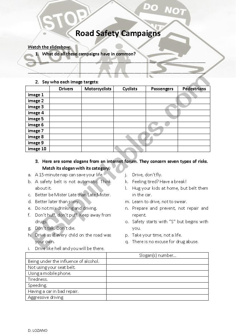 Road safety campaign worksheet