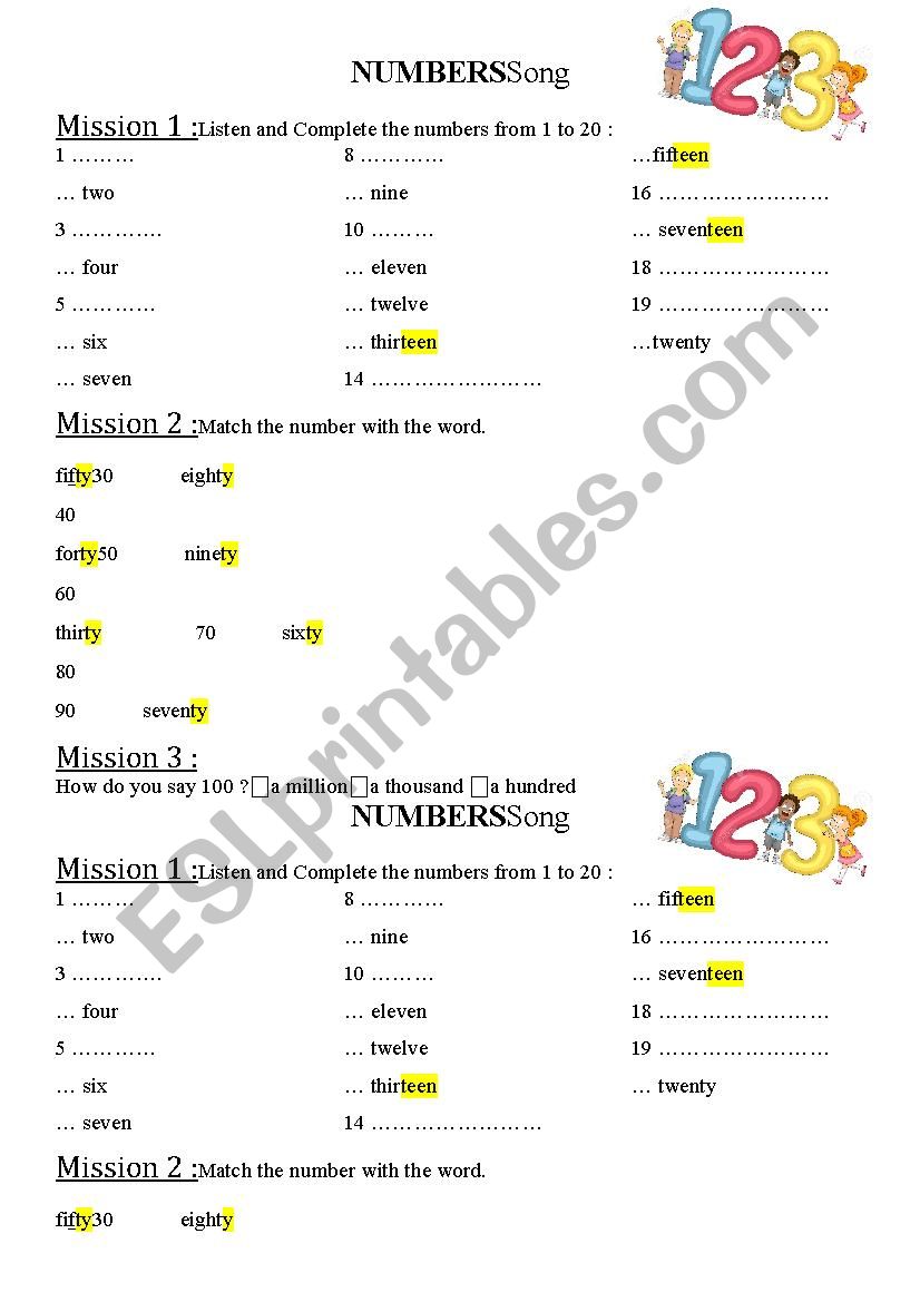 Numbers worksheet