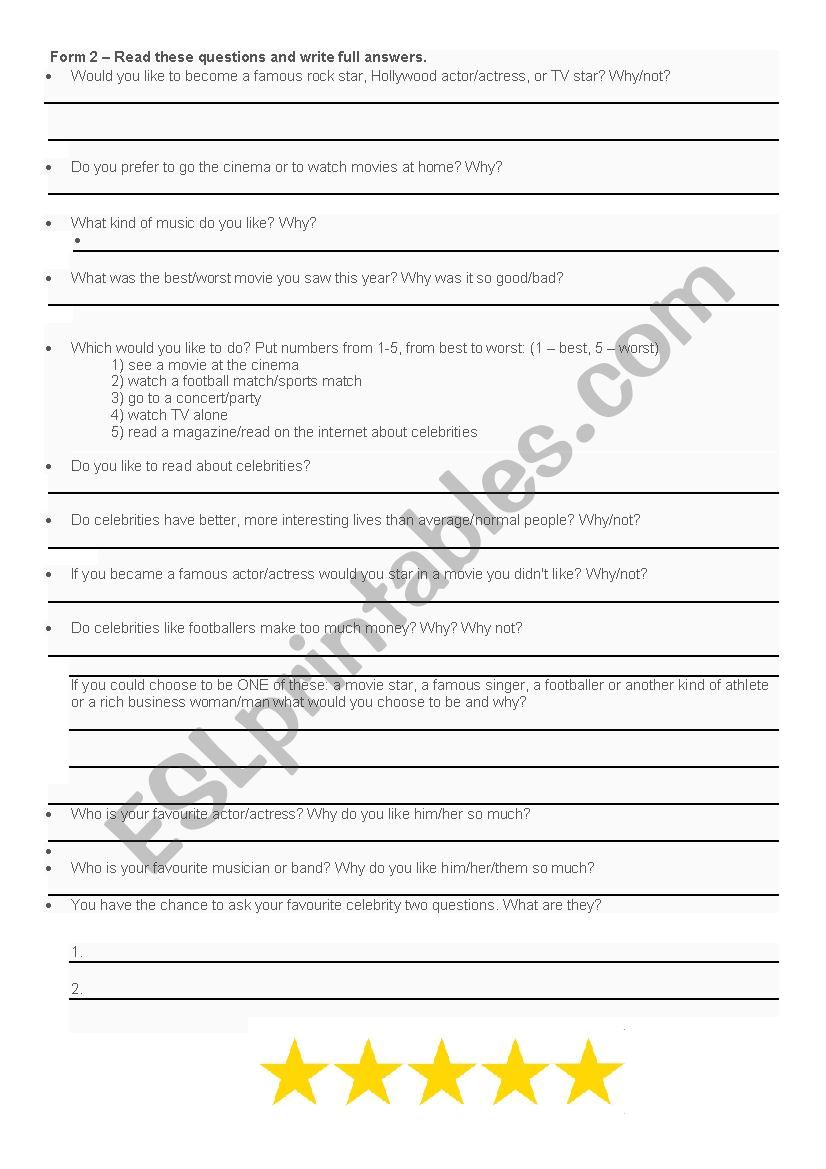 Film Preferences - Questions worksheet