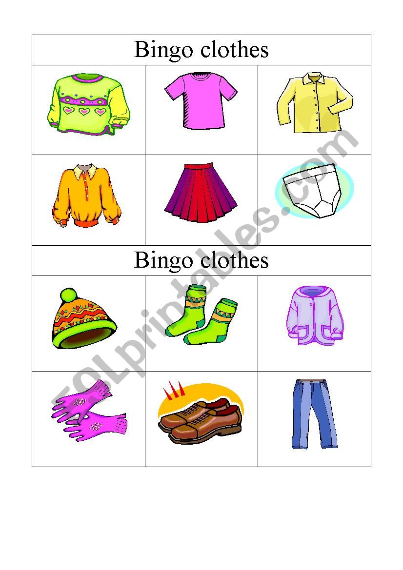 clothes bingo worksheet