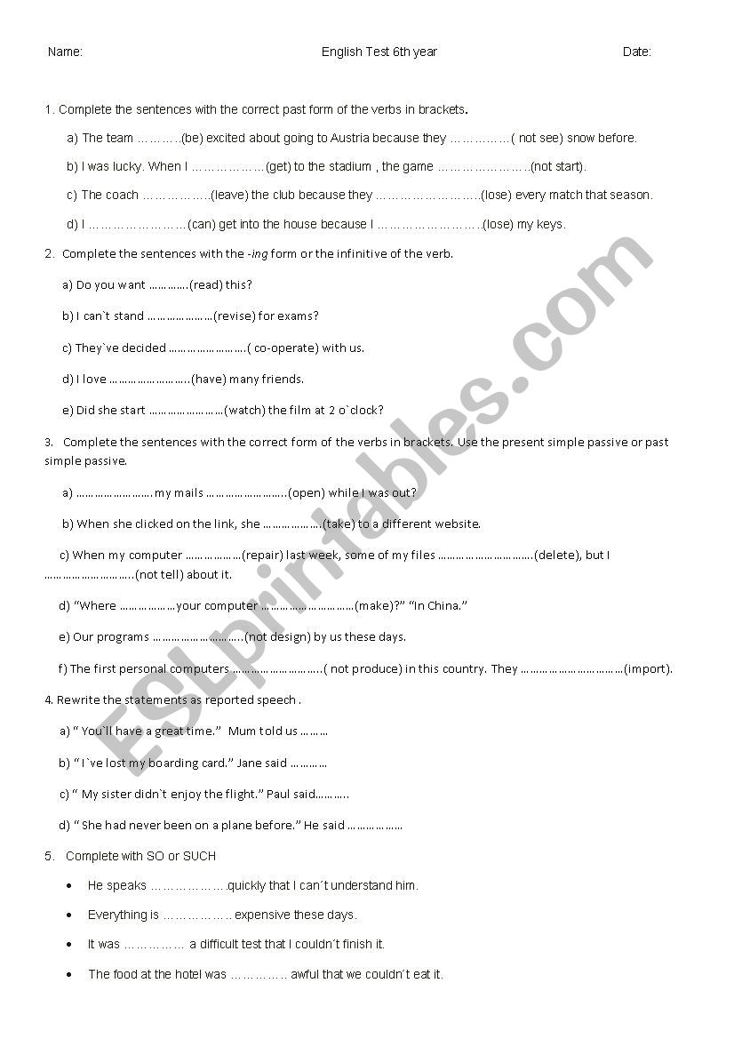 6th year Test  worksheet