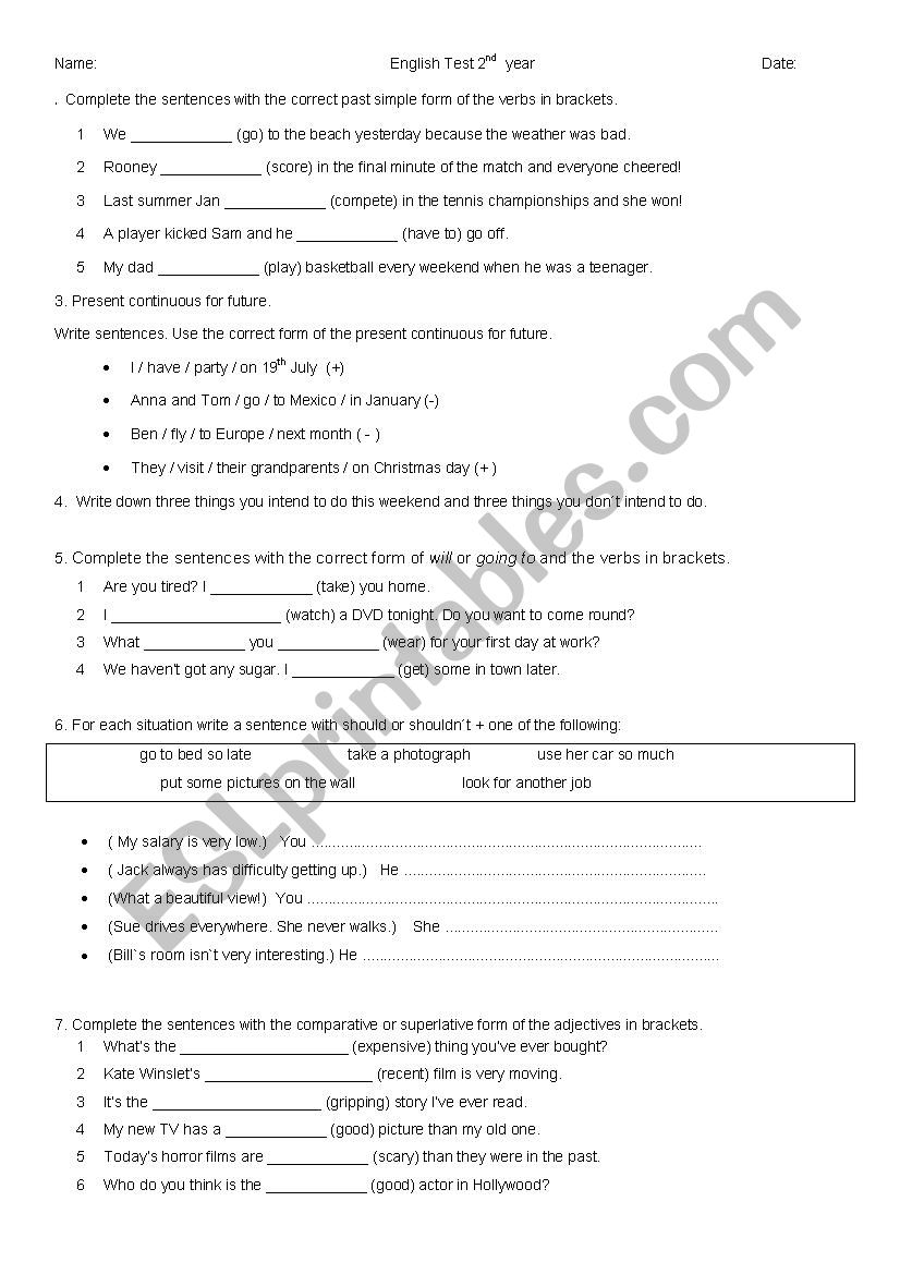 2nd year Test  worksheet