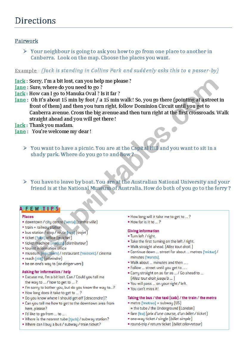 Directions worksheet