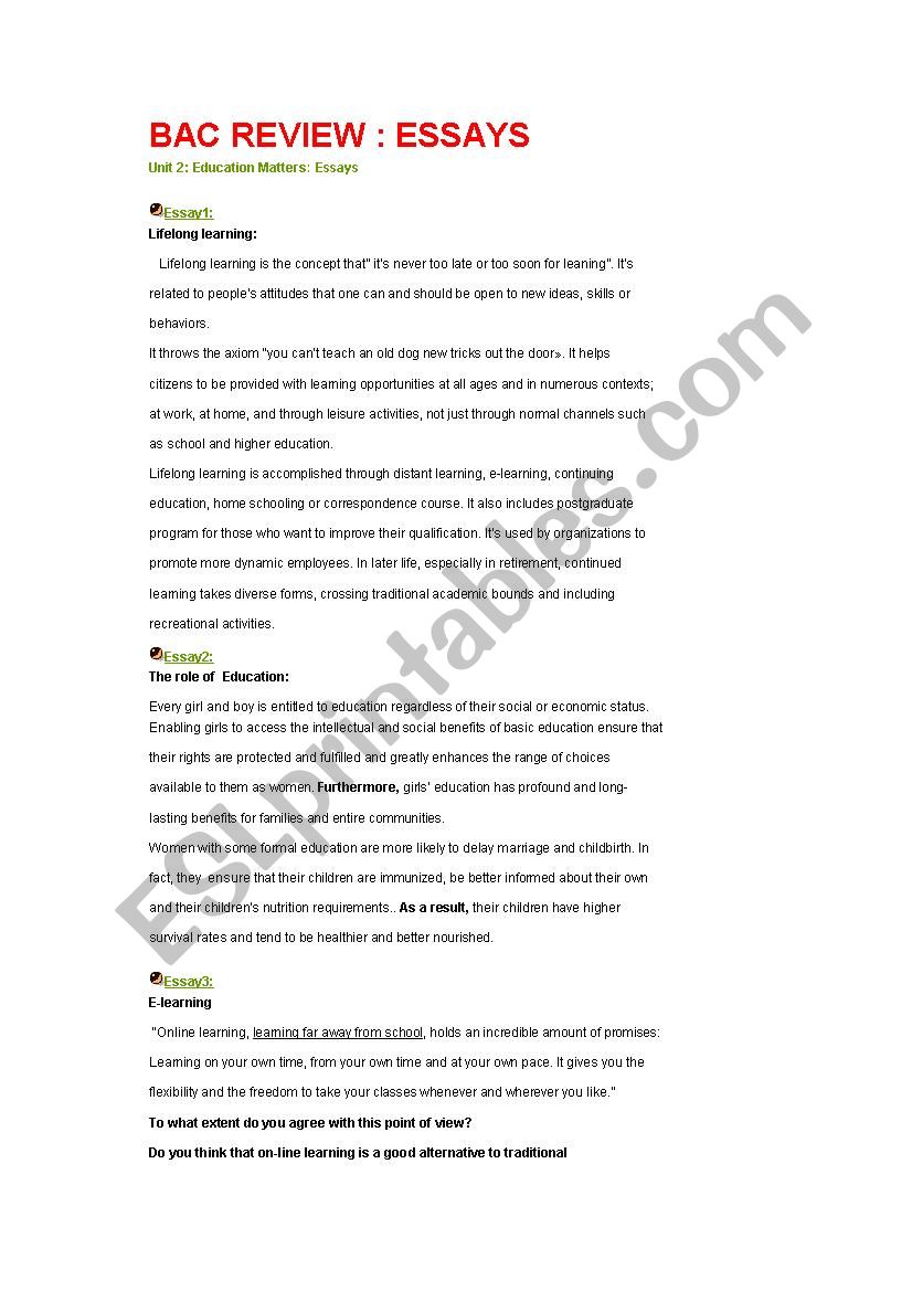bac review :essays worksheet