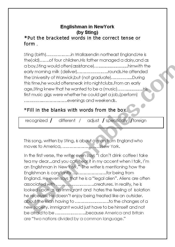 englishman in Newyork worksheet