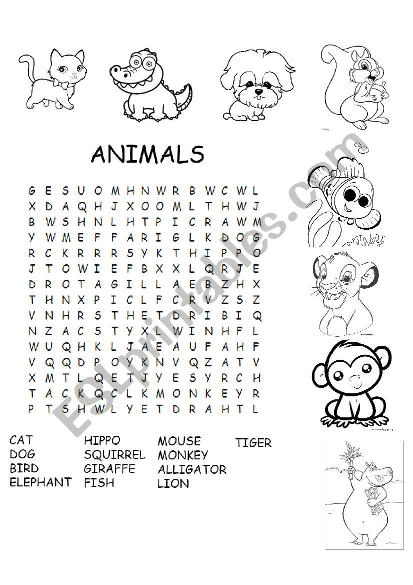 Animal elementary wordsearch worksheet