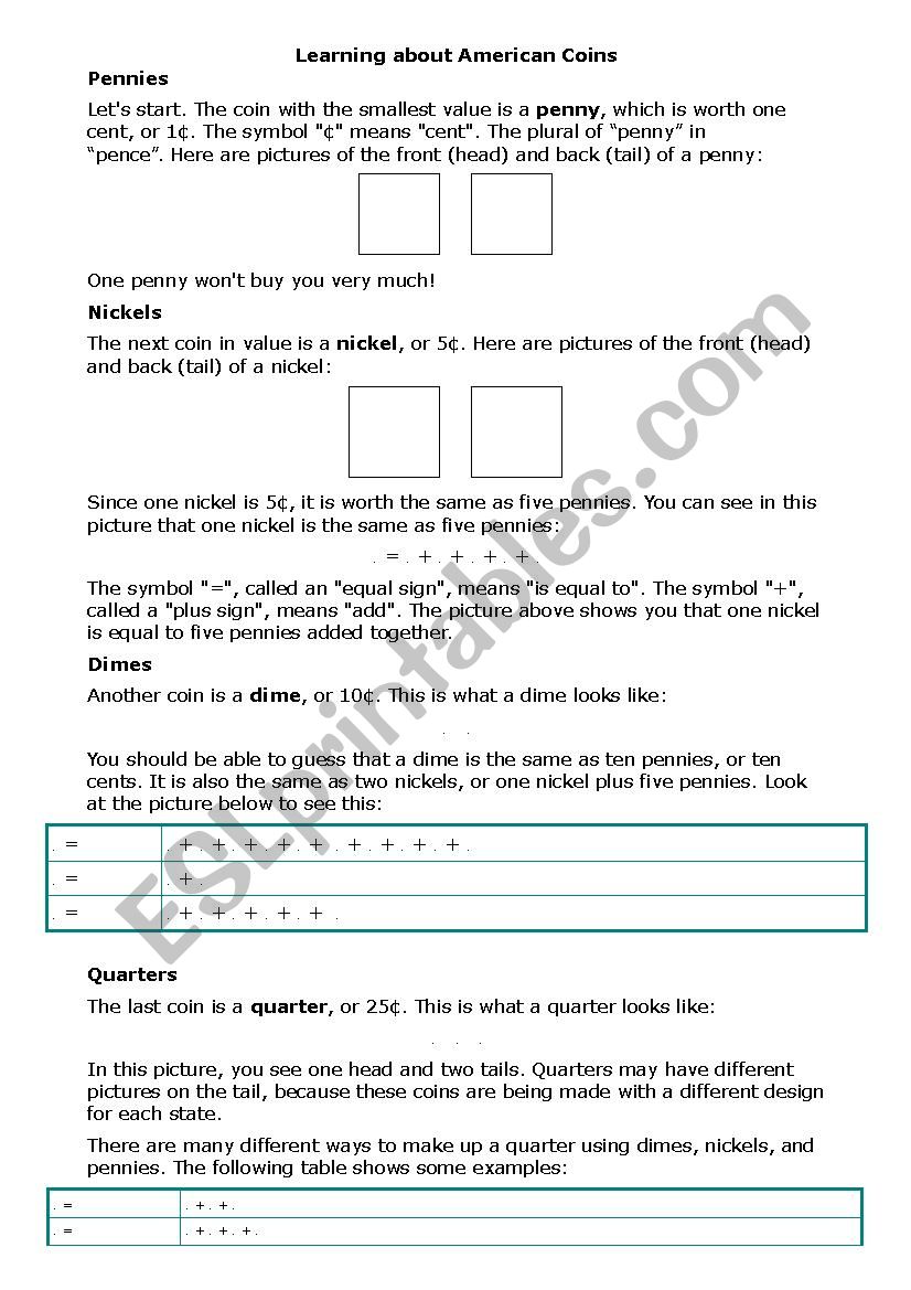 American Money worksheet