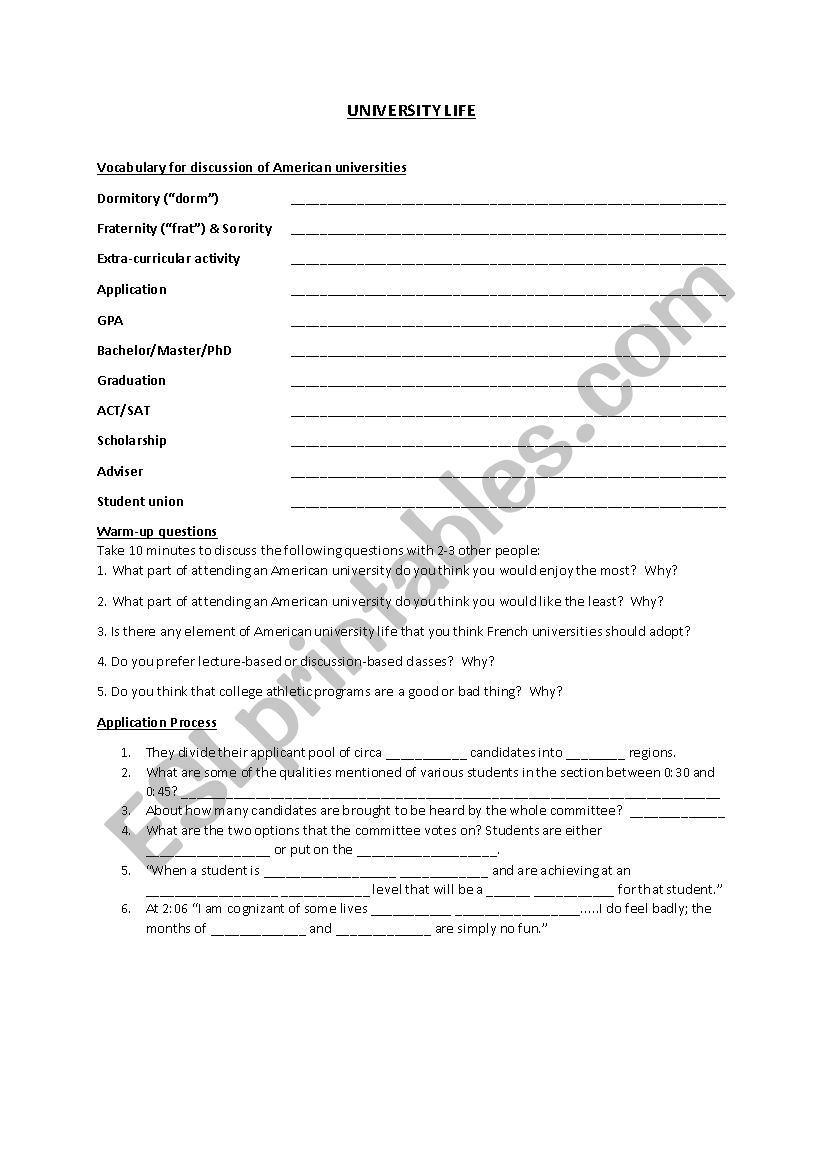 American University Life worksheet