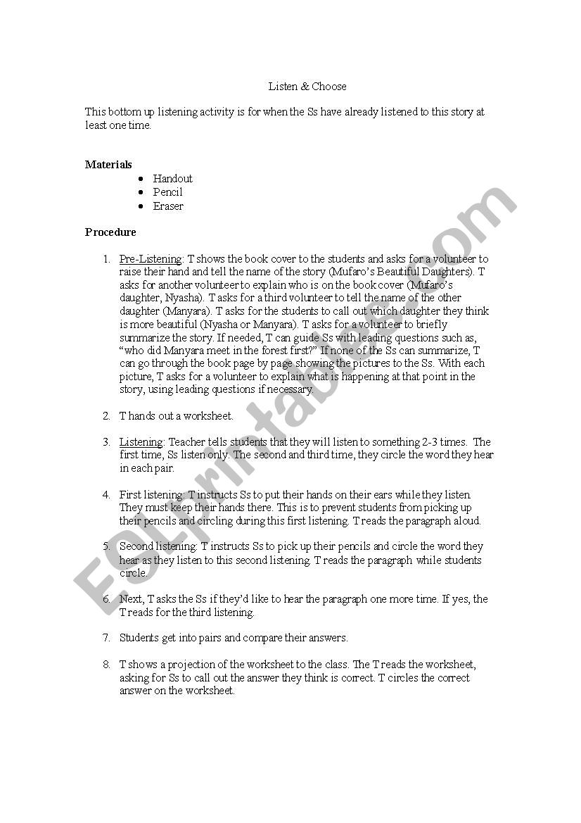 Mufaro´s Beautiful Daughters: listen & choose summary - ESL worksheet