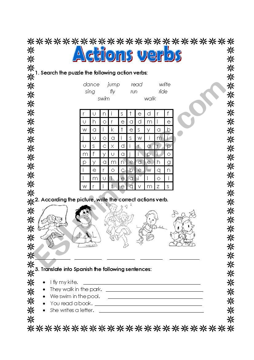 Actions verbs worksheet