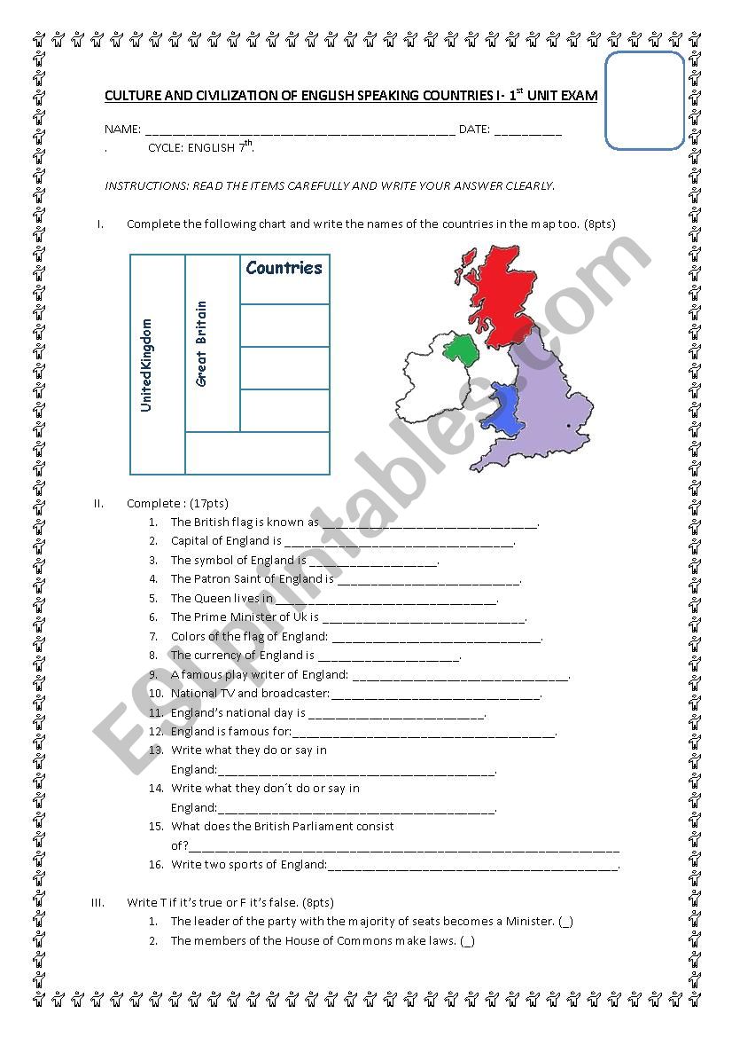 TEST OF ENGLAND worksheet