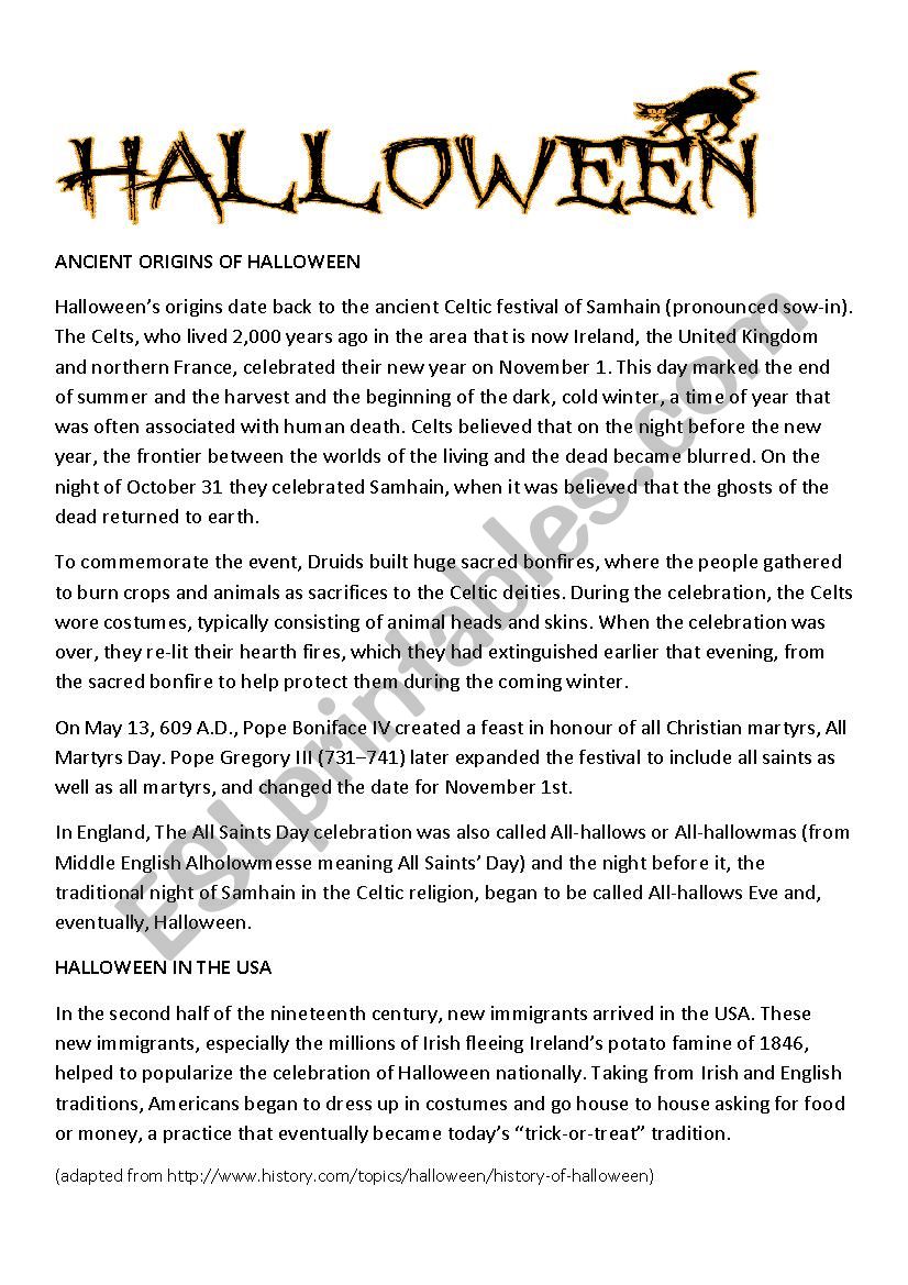 Ancient Origins of Halloween - ESL worksheet by Tigger29