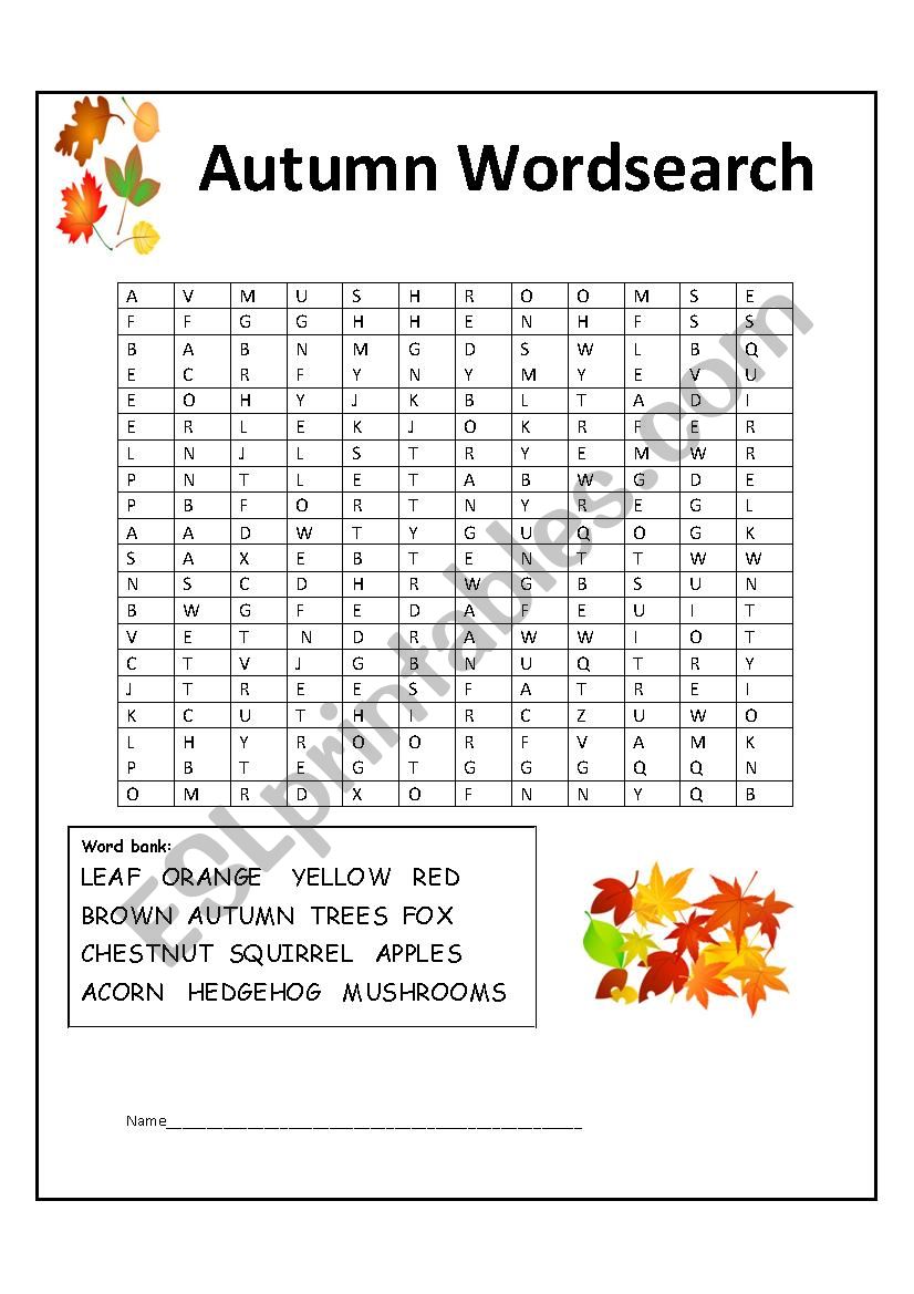 Autumn wordsearch worksheet