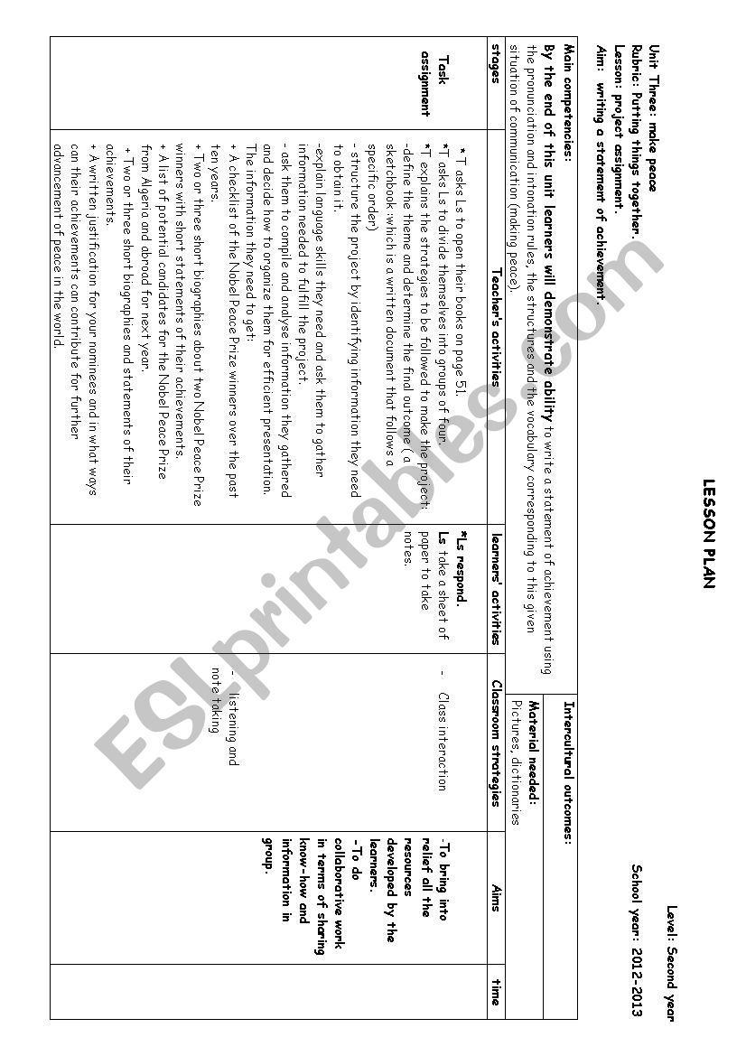 unit plan make peace  worksheet