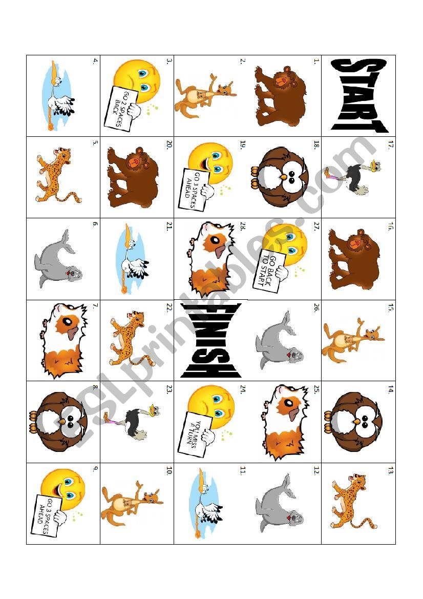 Animals board game worksheet