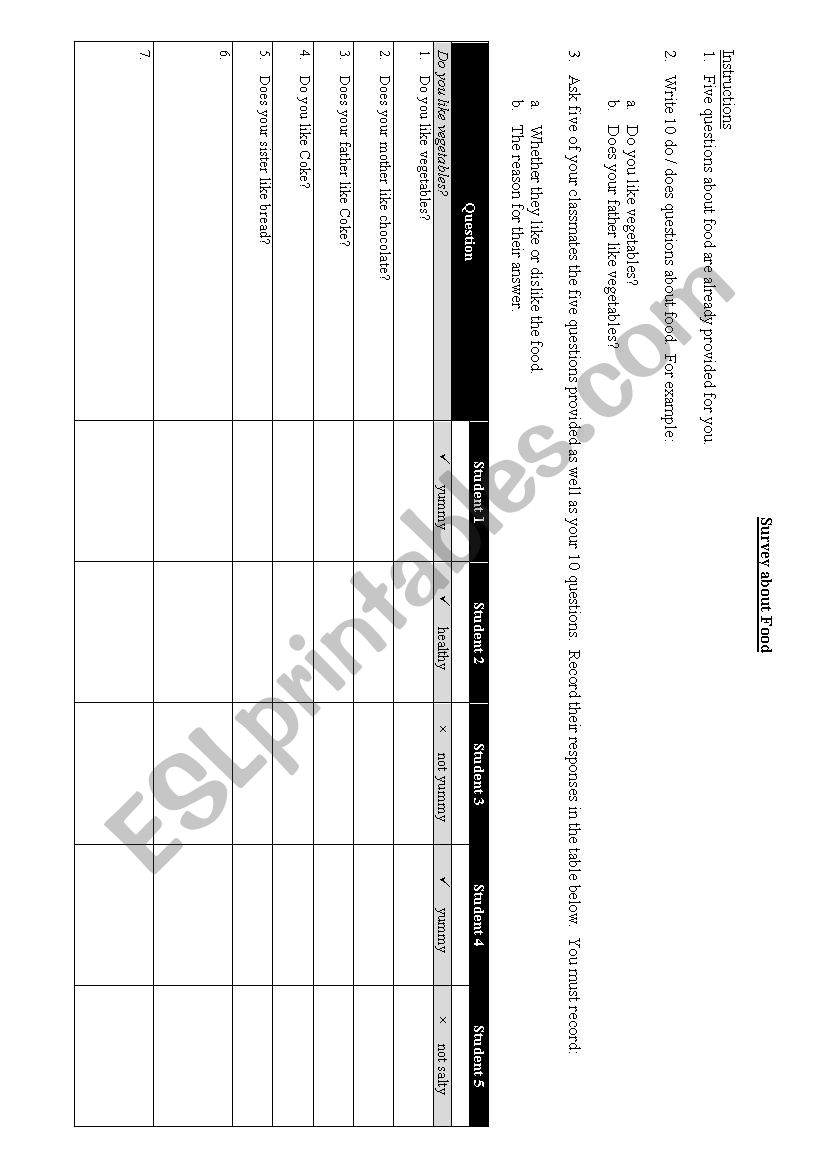 Survey about food worksheet