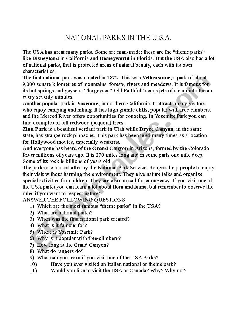National Parks in The USA worksheet