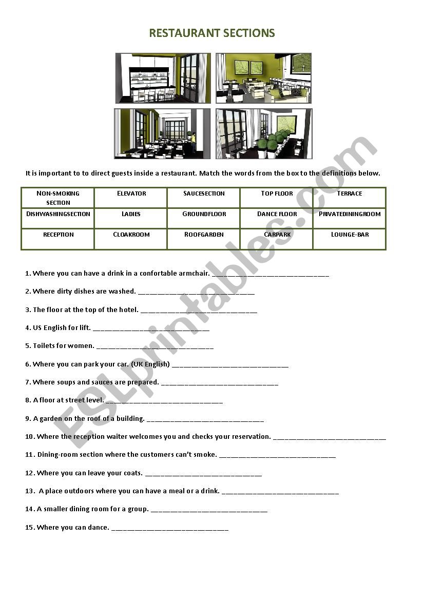 Tourism - Restaurant sections worksheet