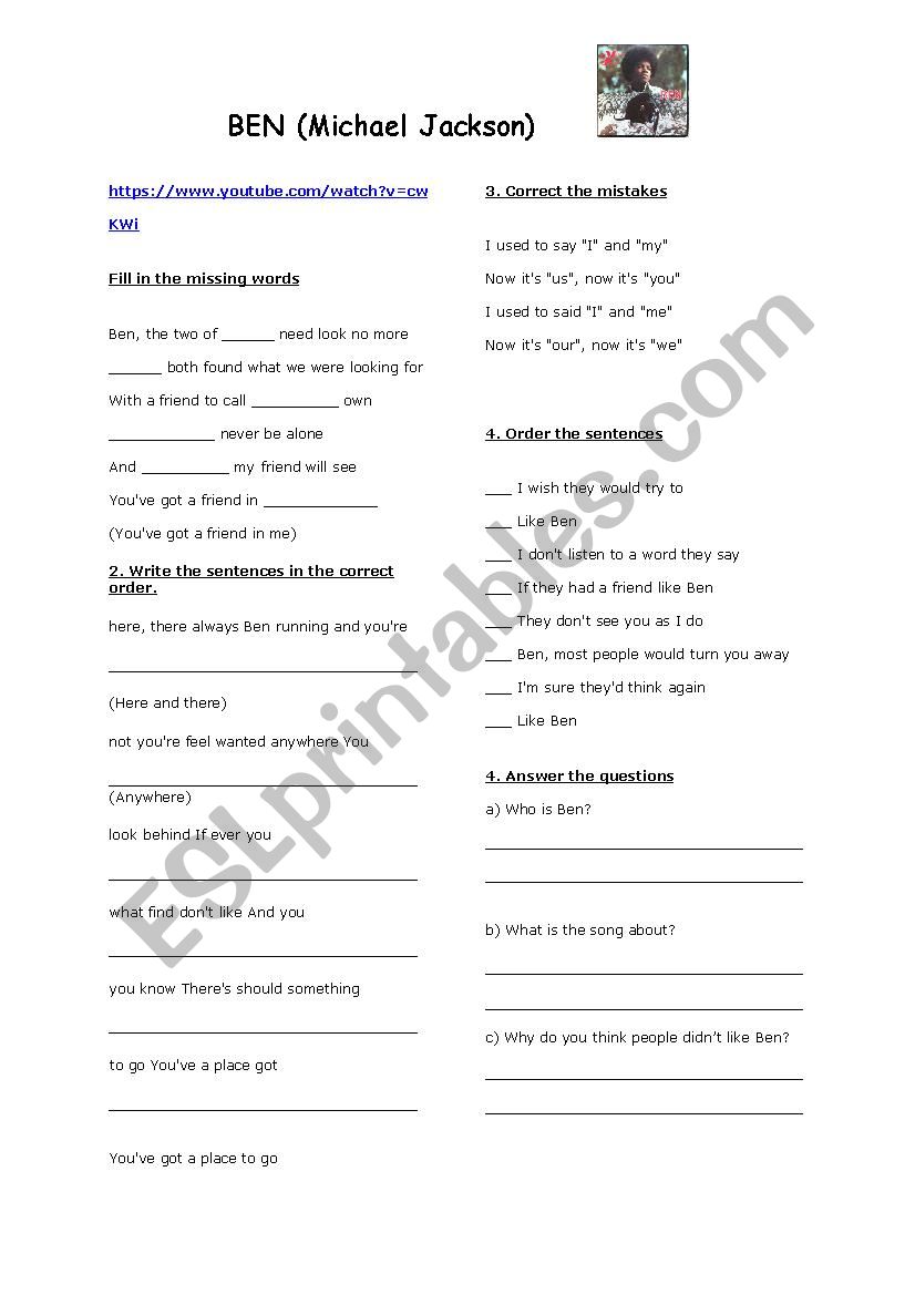 Ben by Michael Jackson worksheet