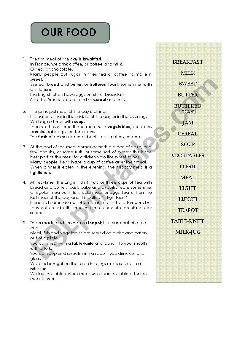 OUR FOOD worksheet