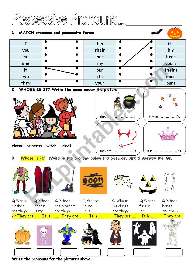 Halloween possessive pronoun worksheet