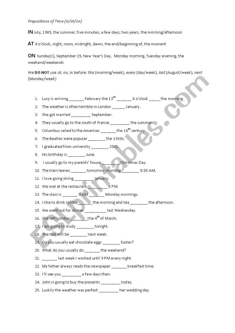 Prepositions of Time and Place (at/in/on)