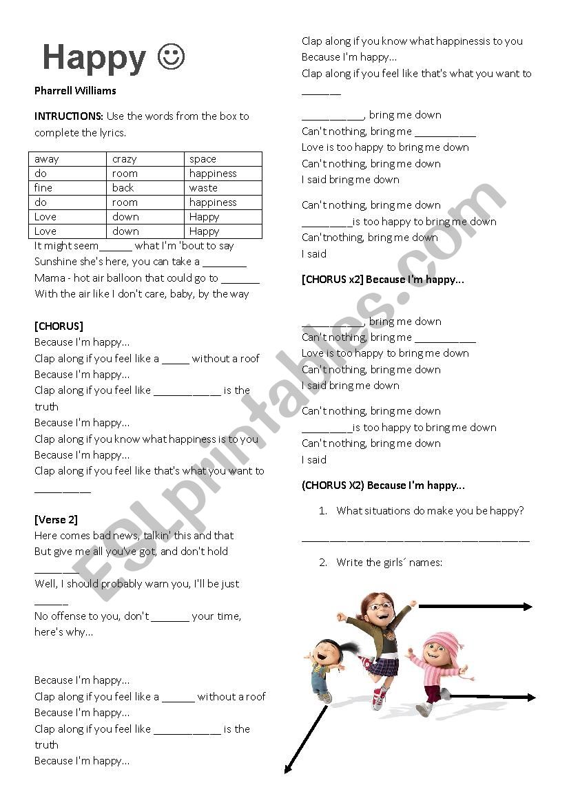 Happy by Parrell Williams worksheet