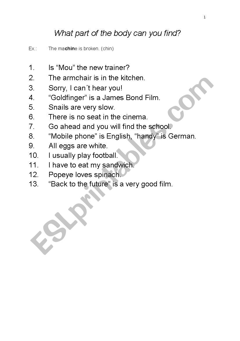 Bodyparts Quiz worksheet