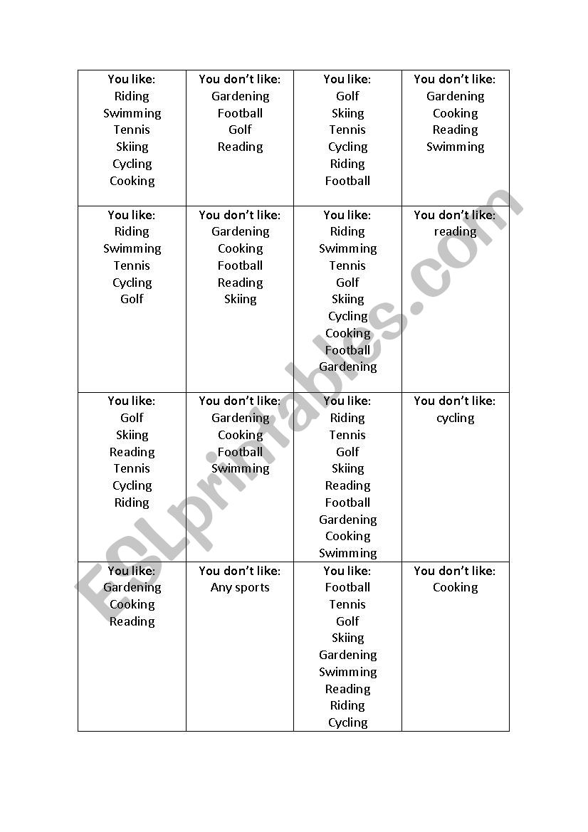 Likes and dislikes  worksheet