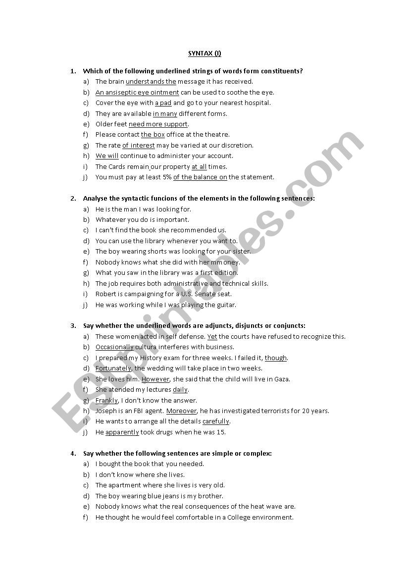 English Syntax worksheet