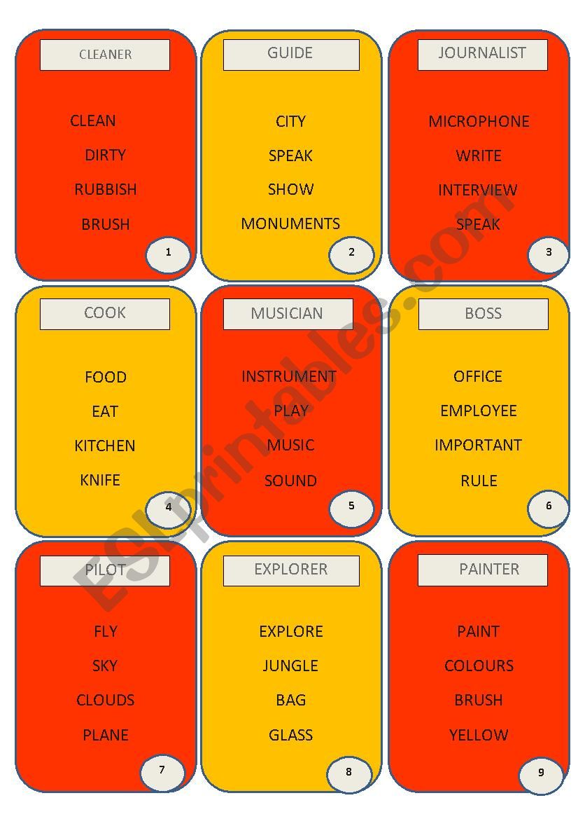 taboo jobs and occupations worksheet