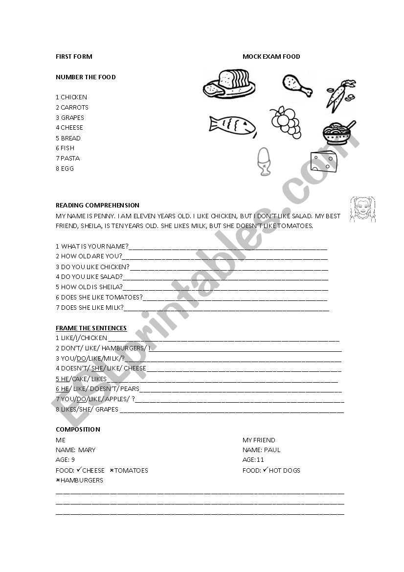 EXAM food  worksheet