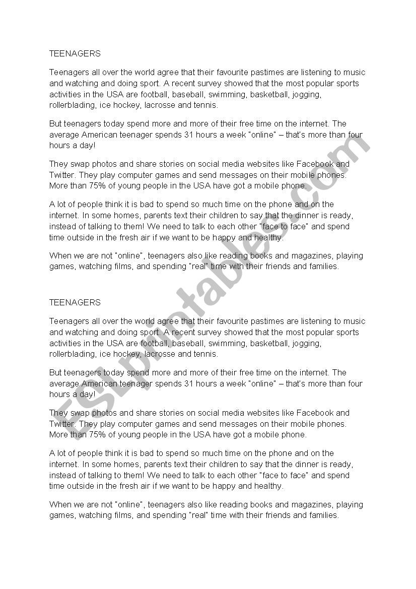 TeenagersÂ´ lifestyle worksheet
