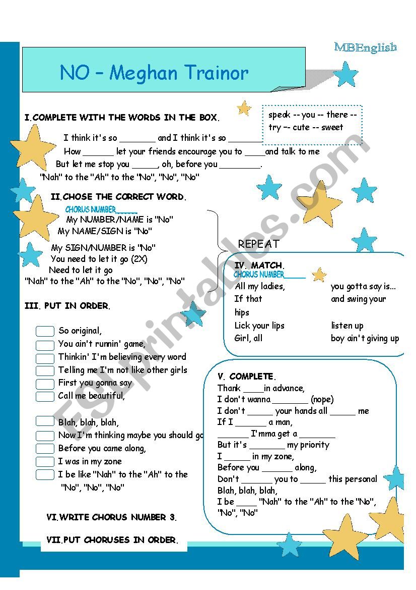 No by Meghan Trainor worksheet