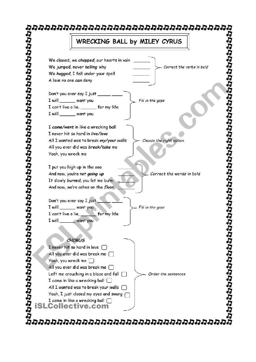 wrecking ball by Miley Cyrus worksheet