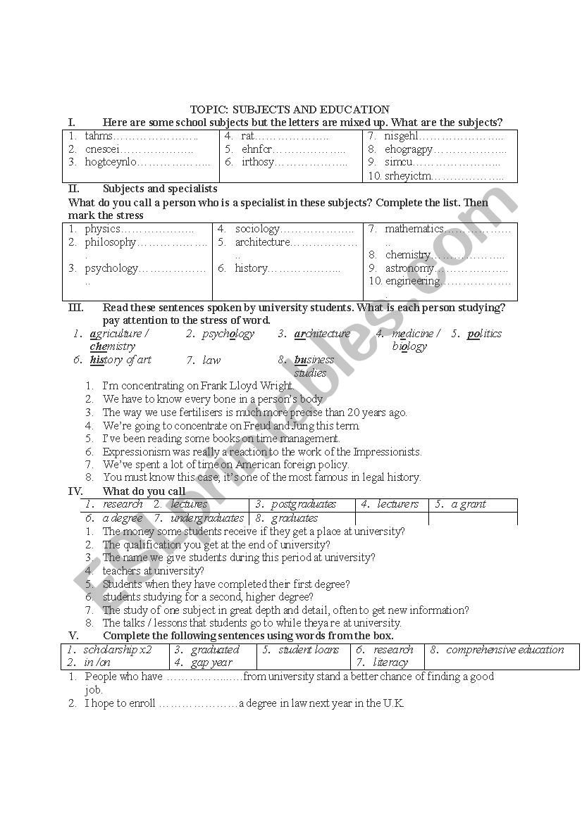 vocabulary - education worksheet