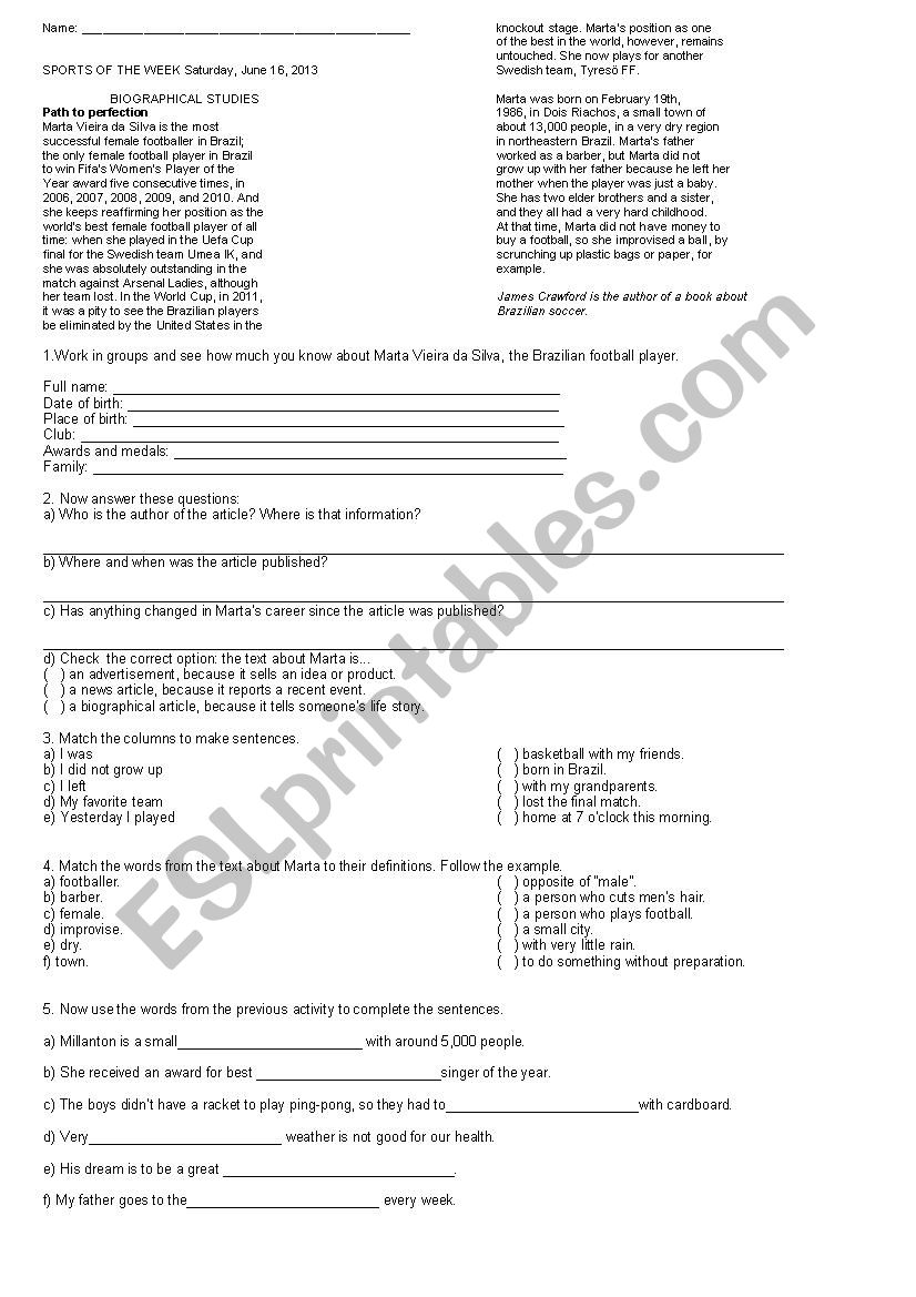 SPORTS OF THE WEEK  worksheet