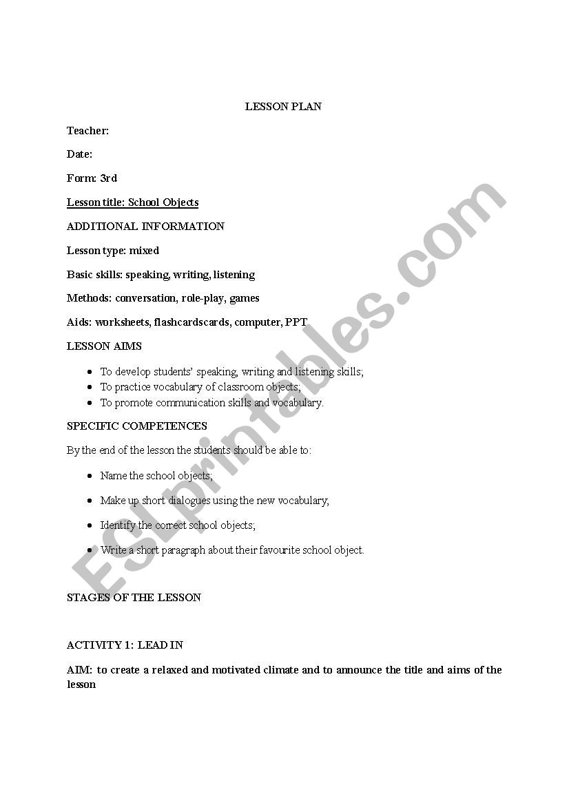 School Objects worksheet